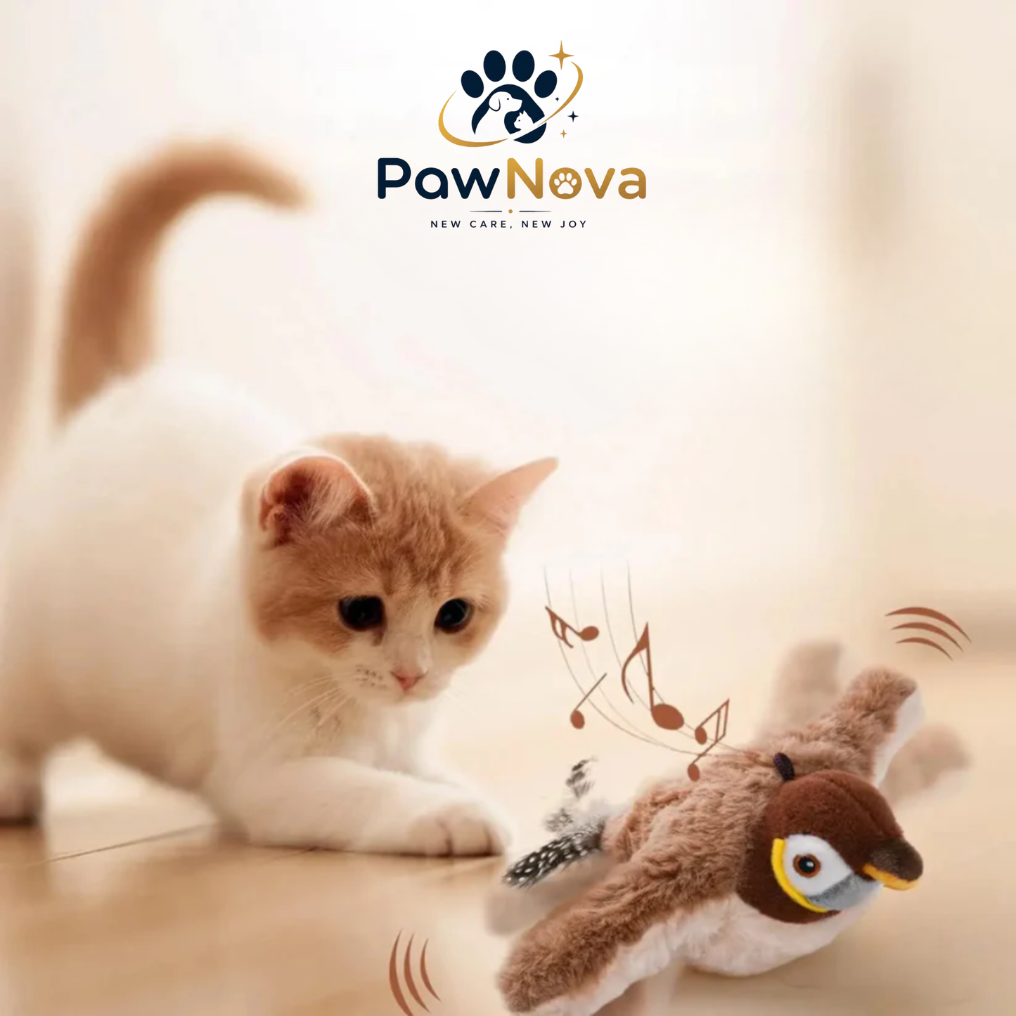 PawNova™ Çırpınan Kuş Kedi Oyuncağı — USB Şarjlı, Sesli ve Hareketli