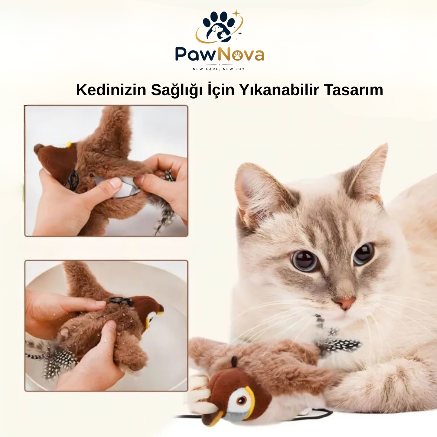 PawNova™ Çırpınan Kuş Kedi Oyuncağı — USB Şarjlı, Sesli ve Hareketli