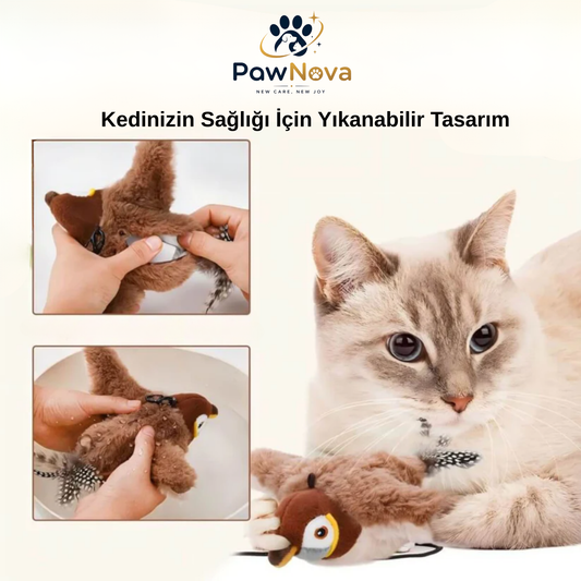PawNova™ Çırpınan Kuş Kedi Oyuncağı — USB Şarjlı, Sesli ve Hareketli